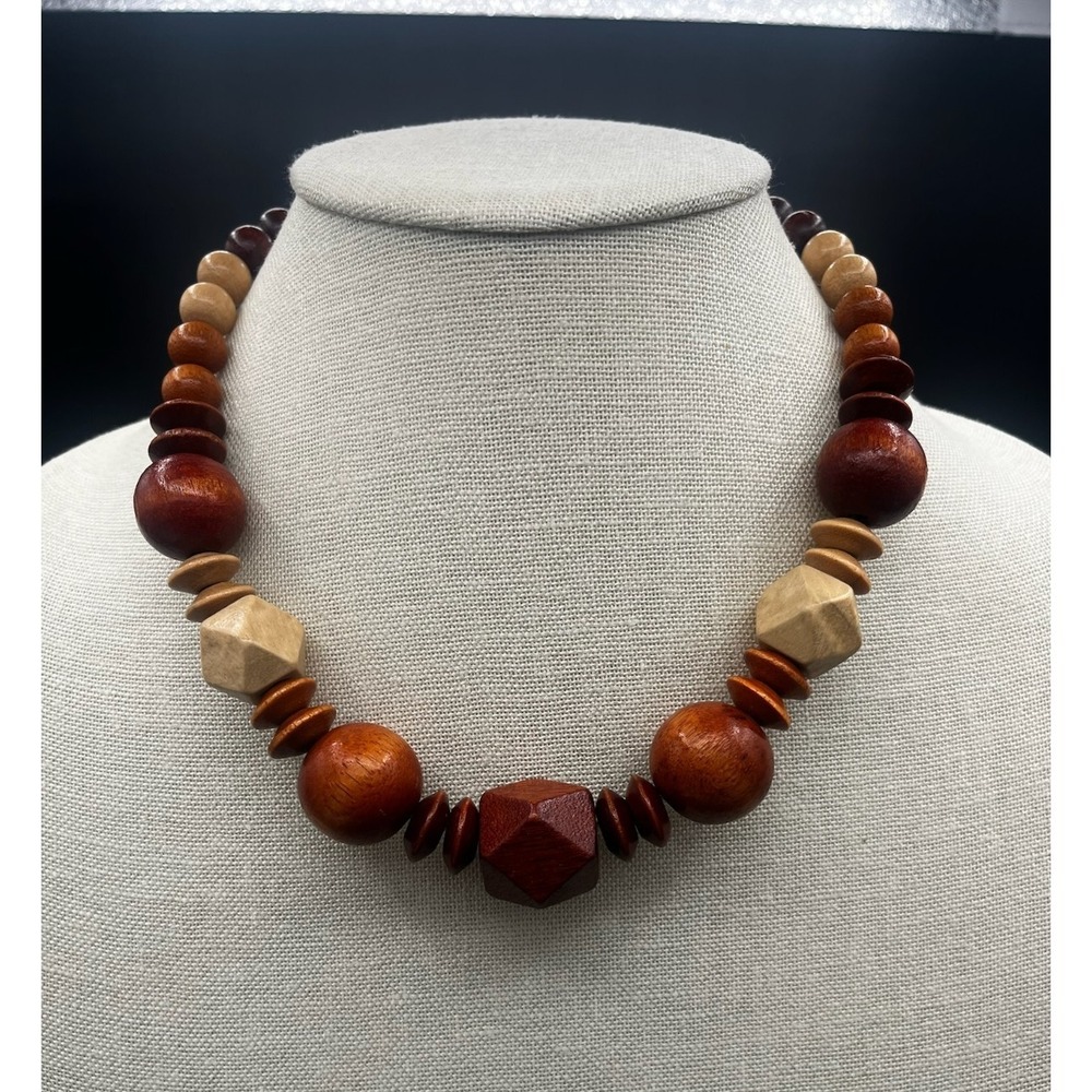 Vintage Wooden Beaded Necklace Boho Brown Tan Earthy Y2K Chic